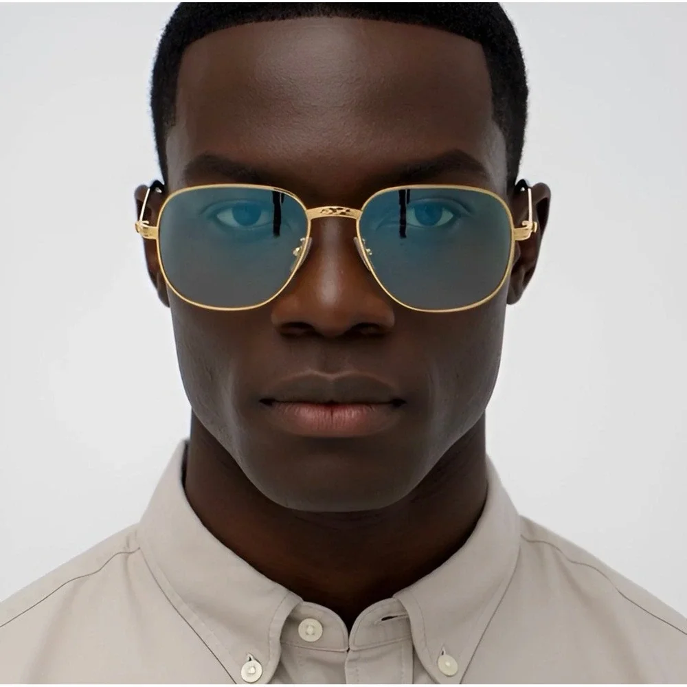 Mens Gold Square Aviator Sunglasses‎ Green Gradient Lens Textured Metal Frames
